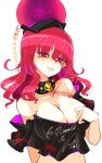  1girl bangs bare_shoulders black_shirt breasts chains cleavage clothes_writing collar collarbone gold_chain hair_between_eyes hecatia_lapislazuli highres large_breasts long_hair looking_at_viewer off-shoulder_shirt parted_lips pointy_ears polos_crown pulled_by_self raptor7 red_eyes redhead shirt shirt_pull sidelocks smile solo t-shirt touhou upper_body 