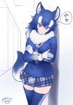  1girl animal_ears black_hair blue_eyes fur_collar gloves grey_wolf_(kemono_friends) heterochromia hori_(hori_no_su) kemono_friends leaning_on_object long_hair long_sleeves looking_at_viewer multicolored_hair necktie red_eyes skirt solo tail translation_request two-tone_hair wolf_ears wolf_tail 