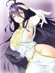  1girl ahoge albedo bare_shoulders black_hair black_wings breasts commentary_request demon_girl dress gloves groin hair_between_eyes hand_on_own_chest hip_vent horns large_breasts long_hair onsoku_maru outstretched_arm overlord_(maruyama) smile solo white_dress white_gloves wings yellow_eyes 