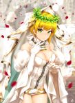  1girl belt blonde_hair blush breasts chains cleavage cosplay fate/extra fate/extra_ccc fate_(series) gloves green_eyes highres idolmaster infinote lock looking_at_viewer medium_breasts miyamoto_frederica padlock petals saber_bride saber_bride_(cosplay) saber_extra short_hair smile solo veil white_gloves zipper 
