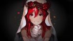  1girl bangs bridal_veil freng gloves hair_between_eyes hands_up long_hair looking_at_viewer original own_hands_together parted_lips red_eyes redhead smile solo upper_body veil white_gloves wreath 