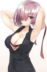  armpits arms_up bra breasts cleavage closed_mouth collarbone fate/grand_order fate_(series) gradient gradient_background hair_over_one_eye large_breasts necktie necktie_removed pink_bra purple_hair shielder_(fate/grand_order) shirt shunichi simple_background sleeveless sleeveless_shirt smile unbuttoned unbuttoned_shirt underwear violet_eyes 