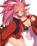  1girl amputee baiken bikini blush breasts cleavage guilty_gear guilty_gear_xrd japanese_clothes kimono large_breasts long_hair one-eyed open_clothes oro_(sumakaita) pink_eyes pink_hair ponytail scar scar_across_eye solo swimsuit tattoo 