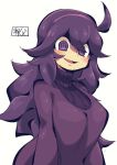  1girl :d @_@ blush breasts dress hairband hex_maniac_(pokemon) large_breasts long_hair long_sleeves looking_at_viewer npc_trainer open_mouth pokemon pokemon_(game) pokemon_xy purple_hair simple_background smile solo sweater turtleneck turtleneck_sweater very_long_hair violet_eyes watson white_background 