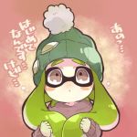  1girl bobblehat brown_eyes commentary_request domino_mask green_hair hood hoodie inkling lowres mask nana_(raiupika) splatoon tentacle_hair translation_request 