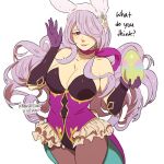  1girl animal_ears blush breasts bunny_girl bunny_tail bunnysuit camilla_(fire_emblem_if) carrot cleavage darkgreyclouds fake_animal_ears fire_emblem fire_emblem_heroes fire_emblem_if hair_over_one_eye large_breasts leotard lips long_hair looking_at_viewer lowres pantyhose purple_hair rabbit_ears smile solo tail very_long_hair violet_eyes wavy_hair 