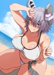  1girl absurdres bare_shoulders blush breasts checkered checkered_necktie cleavage clouds curvy eyepatch headgear highres kantai_collection large_breasts looking_at_viewer nabeshiki_(nabeyashiki) necktie ocean purple_hair short_hair sky smile solo swimsuit tenryuu_(kantai_collection) thick_thighs tongue tongue_out white_swimsuit wide_hips yellow_eyes 