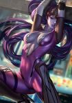  absurdres banned_artist bodysuit goggles high_heels highres overwatch patreon_reward purple_bodysuit purple_hair purple_skin realistic red_eyes skin_tight widowmaker_(overwatch) zumi_(zumidraws) 