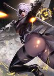  ass banned_artist black_dress blindfold breasts cleavage_cutout dress feather-trimmed_sleeves high_heels highres looking_at_viewer mole mole_under_mouth nier_(series) nier_automata pantyhose weapon white_hair yorha_no._2_type_b zumi_(zumidraws) 