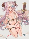  1girl arm_support bikini blue_eyes blush braid breasts collarbone commentary_request doraf erect_nipples freng full_body granblue_fantasy hair_ornament hair_over_one_eye highres horns large_breasts long_hair looking_at_viewer narumeia_(granblue_fantasy) purple_hair sandals sitting solo swimsuit sword very_long_hair wariza weapon 