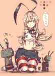  1girl :3 :d blonde_hair brown_eyes commentary_request cyberpunk hairband highleg highleg_panties kantai_collection kneeling lifebuoy long_hair miniskirt mutsu_(kantai_collection) mutsu_(snail) navel open_mouth panties pleated_skirt rensouhou-chan robot school_uniform serafuku shimakaze_(kantai_collection) skirt smile solo striped striped_legwear taisowbukurow thigh-highs turret underwear |_| 