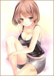  1girl bangs blue_eyes blush bob_cut breasts brown_hair cleavage closed_mouth collarbone colored_pencil_(medium) eyebrows_visible_through_hair large_breasts light_smile looking_at_viewer marker_(medium) multicolored multicolored_background original potto sample sitting solo sportswear tank_top thighs traditional_media 