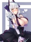  1girl blush breasts carmilla_(fate/grand_order) claws cleavage cosplay curly_hair fate/extra fate/extra_ccc fate/grand_order fate_(series) horns lancer_(fate/extra_ccc) lancer_(fate/extra_ccc)_(cosplay) large_breasts long_hair looking_at_viewer purple_background silver_hair simple_background skirt solo tanaji tears twitter_username yellow_eyes 