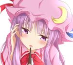  1girl adjusting_hair bangs blunt_bangs blurry blush bow bowtie close-up crescent depth_of_field eyebrows_visible_through_hair face food hand_in_hair hat head_tilt long_hair looking_at_viewer mob_cap patchouli_knowledge pink_hat pocke pov purple_hair ram_hachimin red_bow red_bowtie sidelocks simple_background solo touhou tsurime upper_body violet_eyes white_background wing_collar 