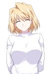  1girl absurdres arcueid_brunestud arms_behind_back blonde_hair breasts close-up closed_eyes harukon_(halcon) highres large_breasts long_sleeves short_hair smile sweater tsukihime upper_body white_background white_sweater 