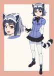  1girl :d amano_yoki animal_ears arms_behind_back black_bow black_gloves black_hair black_legwear black_shoes black_skirt blue_shirt border bow breasts common_raccoon_(kemono_friends) fang fur_collar gloves grey_hair kemono_friends looking_at_viewer looking_back mary_janes medium_breasts multicolored_hair multiple_views open_mouth pantyhose pleated_skirt puffy_short_sleeves puffy_sleeves raccoon_ears raccoon_tail shirt shoes short_sleeves skirt smile striped_tail tail white_background white_hair white_legwear 