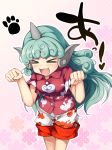  &gt;_&lt; 1girl :3 animal_ears buttons chima_q clenched_hands closed_eyes curly_hair fang green_hair highres horn kariyushi_shirt komano_aunn long_hair open_mouth paw_pose paw_print pink_background polka_dot polka_dot_background red_shirt shirt short_sleeves shorts smile solo touhou 