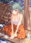  1girl :o bangs bare_arms bare_shoulders barefoot blunt_bangs bottle bow breasts cleavage collarbone colored_eyelashes commentary_request dappled_sunlight day eyebrows_visible_through_hair feet green_bow green_hair hair_bow hammer hands_on_feet highres indian_style kantai_collection long_hair looking_at_viewer medium_breasts nail_polish open_mouth orange_pants outdoors pink_nails ponytail red_eyes shiro_usagi sitting soles solo strap_slip sunlight sweat tank_top toes towel water water_bottle welding_mask yuubari_(kantai_collection) 
