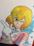  1girl blonde_hair blue_eyes bodysuit dated grin gwen_poole gwenpool highres marker_(medium) marvel nishii_terumi one_eye_closed photo signature smile solo superhero traditional_media upper_body 