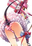 1girl ass blue_eyes dragon_girl fang fate/extra fate/extra_ccc fate_(series) hat highres horns lancer_(fate/extra_ccc) long_hair looking_at_viewer panties pink_hair seizan_shouji solo striped striped_panties tail tail_raised top_hat underwear white_background