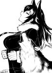  1girl 2017 animal animal_ears blazer breasts clenched_hands closed_eyes from_side fur_collar grey_wolf grey_wolf_(kemono_friends) happa_(cloverppd) howling jacket kemono_friends large_breasts long_hair looking_up monochrome necktie number open_mouth profile signature sketch wolf wolf_ears 