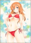  1girl :o bangs bikini blue_eyes blush charlotte_e_yeager colored_pencil_(medium) cowboy_shot eyebrows_visible_through_hair hand_on_hip long_hair looking_at_viewer marker_(medium) multicolored multicolored_background navel orange_hair parted_lips potto red_bikini sample side-tie_bikini solo strike_witches swimsuit thighs traditional_media watercolor_(medium) world_witches_series 