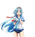  1girl ass_visible_through_thighs asuna_(sao-alo) blue_eyes blue_hair blush cowboy_shot floating_hair gym_uniform headband looking_at_viewer open_mouth pointy_ears shiny shiny_skin solo standing sword_art_online transparent_background violet_eyes 