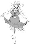  1girl balancing bangs belly blush breasts elf elf-san_wa_yaserarenai. erufuda-san full_body greyscale highres large_breasts monochrome plump pointy_ears solo sweat sweatdrop synecdoche undersized_clothes weight_conscious weight_gain white_background 