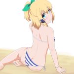  1girl bead_bracelet beads bikini blonde_hair blue_eyes bow bracelet commentary_request gobanme_no_mayoi_neko hair_bow hair_ornament highres jewelry looking_back ponytail rokudenashi_majutsu_koushi_to_akashic_record rumia_tingel sand sand_on_skin sidelocks sitting solo striped striped_bikini swimsuit yokozuwari 