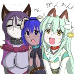  3girls animal_ears aqua_hair assassin_(fate/prototype_fragments) bangs bare_shoulders black_gloves blush bodysuit breasts choker collar commentary_request dark_skin dog_ears fate/grand_order fate/prototype fate/prototype:_fragments_of_blue_and_silver fate_(series) gloves hair_ornament hairband heart heart-shaped_pupils horns huge_breasts japanese_clothes kimono kiyohime_(fate/grand_order) large_breasts long_hair looking_at_viewer minamoto_no_raikou_(fate/grand_order) multiple_girls open_mouth purple_hair short_hair smile symbol-shaped_pupils tsukihaikimaru_(ikimaru) very_long_hair violet_eyes yellow_eyes 