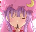 1girl adjusting_hair bangs blunt_bangs blurry blush bow bowtie close-up closed_eyes closed_mouth crescent depth_of_field eyebrows_visible_through_hair face facing_viewer food hand_in_hair hat head_tilt long_hair mob_cap mouth_hold patchouli_knowledge pink_hat pocke pocky pocky_kiss pov purple_hair ram_hachimin red_bow red_bowtie shared_food sidelocks simple_background smile solo touhou tsurime upper_body white_background wing_collar 