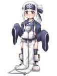  1girl ainu_clothes blue_eyes chains folded_ponytail headband kamoi_(kantai_collection) kantai_collection long_hair oversized_clothes shoes simple_background sleeves_past_wrists solo thick_eyebrows white_background white_hair white_shoes younger yukimi_unagi 