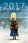  1girl 2017 aqua_eyes architecture artist_name blonde_hair east_asian_architecture eyelashes full_body fur_trim gloves japanese_clothes kome original pouch scarf shiisaa smile snow snowing solo standing winter 