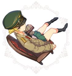  1girl blonde_hair boots bow brown_eyes chair erwin_(girls_und_panzer) girls_und_panzer goggles goggles_on_headwear green_skirt hat hat_over_one_eye highres ikomochi jacket long_sleeves looking_at_viewer military military_uniform ooarai_school_uniform peaked_cap pleated_skirt school_uniform serafuku shiny shiny_clothes short_hair sitting skirt smile solo uniform 