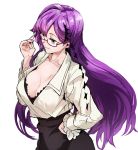  1girl black_skirt breasts character_request cleavage glasses hairband hand_on_hip large_breasts long_hair purple_hair ruuto_(sorufu) semi-rimless_glasses skirt smile solo under-rim_glasses very_long_hair violet_eyes white_background 