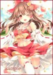  1girl ascot bangs bare_shoulders bow breasts brown_hair colored_pencil_(medium) detached_sleeves flower hair_bow hair_flower hair_ornament hair_tubes hakurei_reimu long_hair looking_at_viewer marker_(medium) medium_breasts midriff miniskirt navel one_eye_closed open_mouth petals potto potto_(minntochan) red_bow red_eyes red_rose red_skirt ribbon-trimmed_legwear ribbon-trimmed_sleeves ribbon_trim rose rose_petals sample sidelocks skirt skirt_set solo thigh-highs touhou traditional_media very_long_hair vest wavy_hair white_legwear 