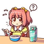  1girl :t ? apron bell bowl breakfast cereal chair character_name checkered checkered_kimono clothes_writing eating hair_bell hair_ornament japanese_clothes kimono looking_at_viewer mg_mg milk_carton motoori_kosuzu red_eyes redhead short_hair simple_background solo spoken_question_mark spoon table touhou white_background wool_(miwol) 