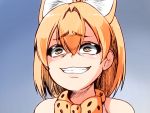  1girl animal_ears bare_shoulders bow bowtie brown_eyes commentary_request evil_grin evil_smile extra_ears eyebrows_visible_through_hair gradient gradient_background grin hair_between_eyes isuna kemono_friends parody serval_(kemono_friends) serval_ears serval_print smile solo yu-gi-oh! 