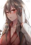  1girl blouse blush breasts collarbone gangut_(kantai_collection) hair_between_eyes hair_ornament hairclip kantai_collection large_breasts lips long_hair looking_at_viewer parted_lips red_blouse red_eyes sakiryo_kanna scar shiny shiny_clothes shiny_skin sidelocks silver_hair unbuttoned 