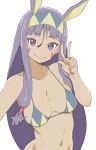  1girl absurdres animal_ears bikini_top breasts cleavage dark_skin donguri_suzume eyeliner facial_mark fate/grand_order fate_(series) fingernails hair_ornament hairband highres long_fingernails long_hair looking_at_viewer makeup medium_breasts nail_polish navel nitocris_(fate/grand_order) purple_hair sidelocks simple_background smile solo very_long_hair violet_eyes w white_background 