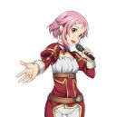  1girl breasts cleavage hair_ornament hairclip holding holding_microphone lisbeth_(sao-alo) looking_at_viewer medium_breasts microphone open_mouth outstretched_arm pants pink_hair red_eyes short_hair solo standing sword_art_online transparent_background white_pants 