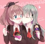  2girls :o aqua_eyes aqua_hair blazer blush brown_hair closed_eyes collared_shirt couple dated embarrassed female food hair_ornament heart highres holding holding_food holding_ice_cream holding_spoon ice_cream kabocha_torute kantai_collection kumano_(kantai_collection) licking long_sleeves looking_at_another multiple_girls neck open_mouth pink_background ponytail school_uniform shirt shy spoon surprised suzuya_(kantai_collection) twitter_username upper_body yuri 