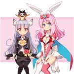  2girls animal_ears black_legwear blue_eyes blush bow breasts cleavage cleavage_cutout dress elbow_gloves fake_animal_ears garter_straps gloves hair_bow hands_together hat horns leggings long_hair long_sleeves looking_at_viewer medium_breasts mismatched_gloves multiple_girls original pink_hair red_eyes red_gloves red_legwear ryoji_(nomura_ryouji) silver_hair smile sweatdrop v_arms white_gloves white_legwear 