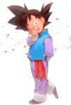  1boy black_eyes black_hair blue_shirt dragon_ball dragonball_z hand_on_own_cheek heart highres leg_up looking_at_viewer one_eye_closed open_mouth pants purple_pants red_clothes shirt solo son_goten spiky_hair supobi 