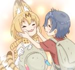  2girls animal_ears artist_name backpack bag black_hair blonde_hair blush bow bowtie bucket_hat closed_eyes elbow_gloves gloves hands_on_another&#039;s_face hat hat_feather hat_removed headwear_removed kaban_(kemono_friends) kemono_friends multiple_girls open_mouth serval_(kemono_friends) serval_ears serval_print serval_tail tail tail_wagging upper_body yukiroku 