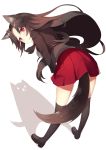  1girl adapted_costume animal_ears black_legwear breasts brown_shoes highres imaizumi_kagerou kneehighs large_breasts long_hair long_sleeves looking_at_viewer miniskirt navel red_eyes red_skirt school_uniform sh_(562835932) shadow shoes simple_background skirt solo tail touhou very_long_hair white_background wolf_ears wolf_tail 