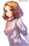  1girl brown_eyes brown_hair dutch_angle looking_at_viewer mataichi_matarou okumura_haru open_mouth persona persona_5 short_hair simple_background solo twitter_username upper_body wavy_hair white_background 