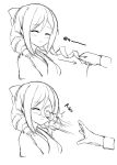  1girl blush closed_eyes commentary drill_hair greyscale hair_between_eyes hair_pull harukaze_(kantai_collection) japanese_clothes kantai_collection kimono long_hair long_sleeves monochrome orihi_chihiro smile upper_body 