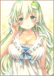  1girl blush breasts cleavage collarbone colored_pencil_(medium) dress frog_hair_ornament green_eyes green_hair hair_ornament kochiya_sanae large_breasts long_hair marker_(medium) potto potto_(minntochan) ribbon_trim sample smile snake_hair_ornament solo touhou traditional_media upper_body violet_eyes white_dress 