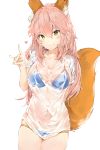  1girl animal_ears arm_behind_back bikini blue_bikini blush breasts closed_mouth cowboy_shot eyebrows_visible_through_hair fang_out fate/grand_order fate_(series) fox_ears fox_shadow_puppet hair_between_eyes heart highres large_breasts long_hair looking_at_viewer navel pink_hair see-through shirt silver_(chenwen) simple_background smile solo swimsuit t-shirt tamamo_(fate)_(all) tamamo_no_mae_(swimsuit_lancer)_(fate) wet wet_clothes wet_shirt white_background yellow_eyes 
